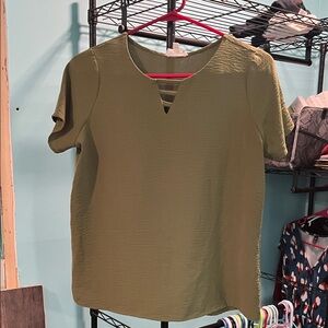 Olive Green Short Sleeve V-Notch Women's Blouse with Ladder Back